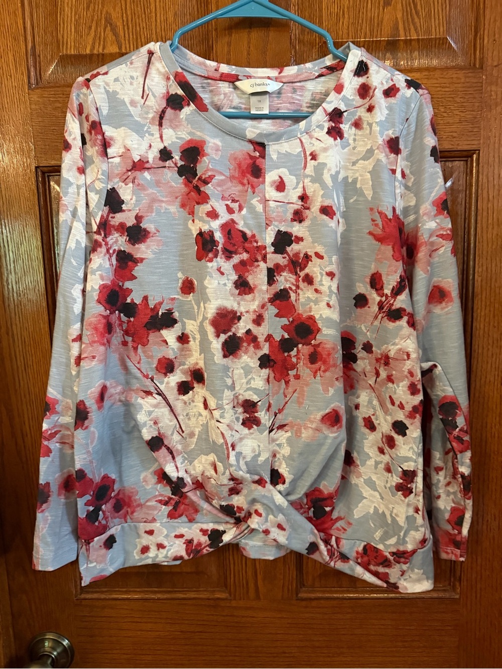 CJ Banks 1x Floral Long Sleeve Pullover Top Tie Knot In Front At Hem